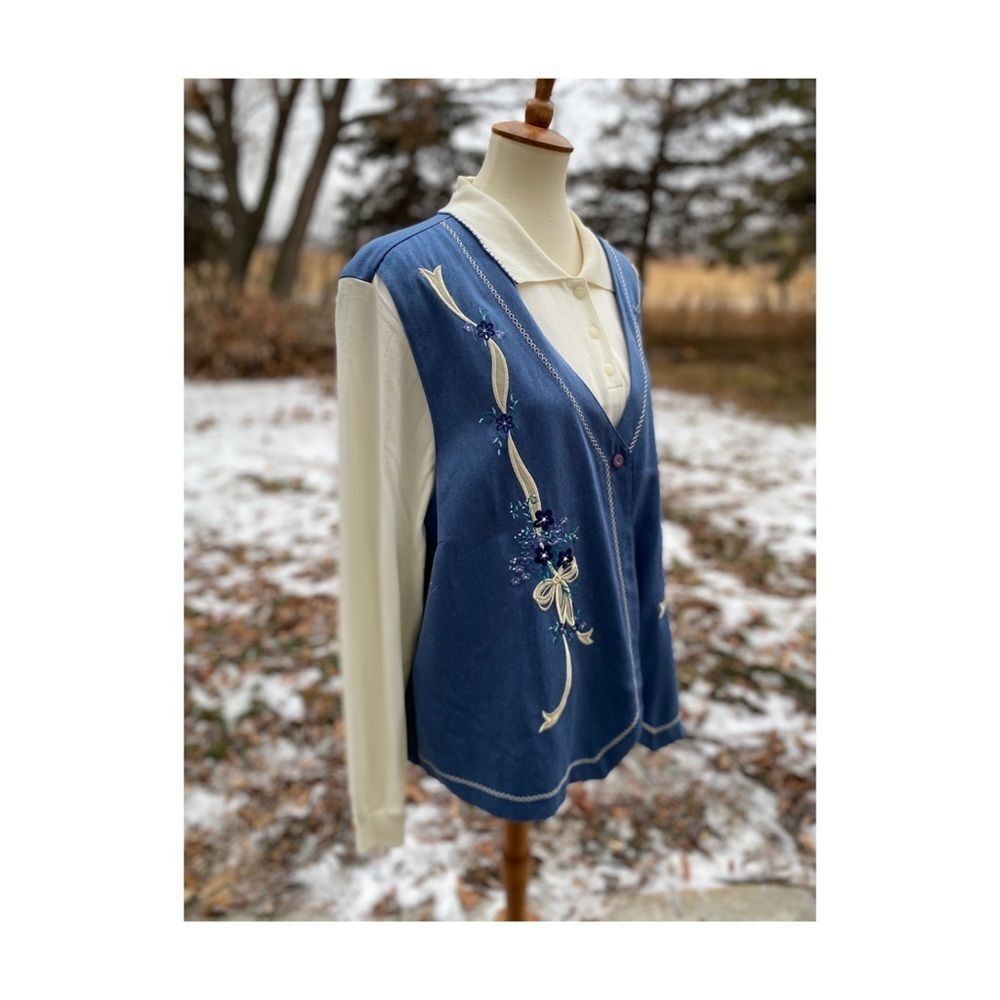 Vintage 90s Alfred Dunner Twin Sweater Set Top Blazer Embroidery Collared